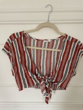 Ardene Red, White & Black Striped Tie-Front Crop Top